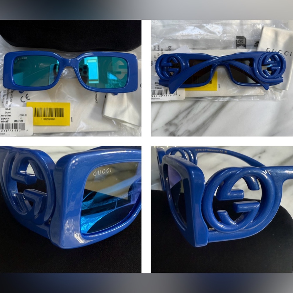 GUCCI SUNGLASSES STRIKING BLUE RECTANGULAR SUNGLASSES WITH BLUE MIRROR LENSES - Picture 4 of 16